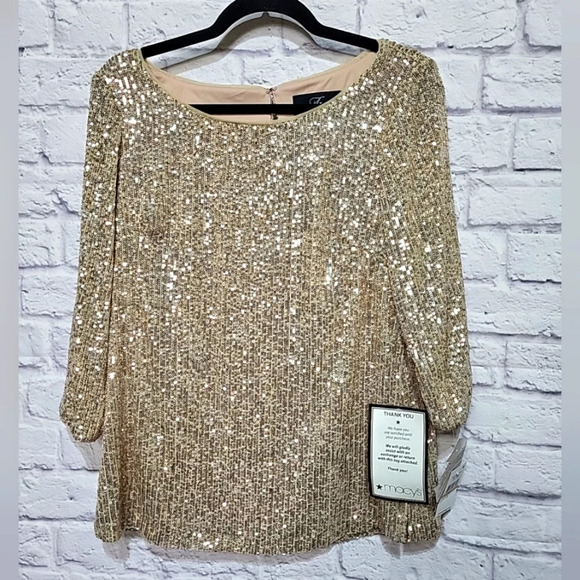 NWT Alex Evenings Women's‎ S 3/4 Sleeve Boat Neck Sequin Taupe Blouse Sparkling - Picture 1 of 8